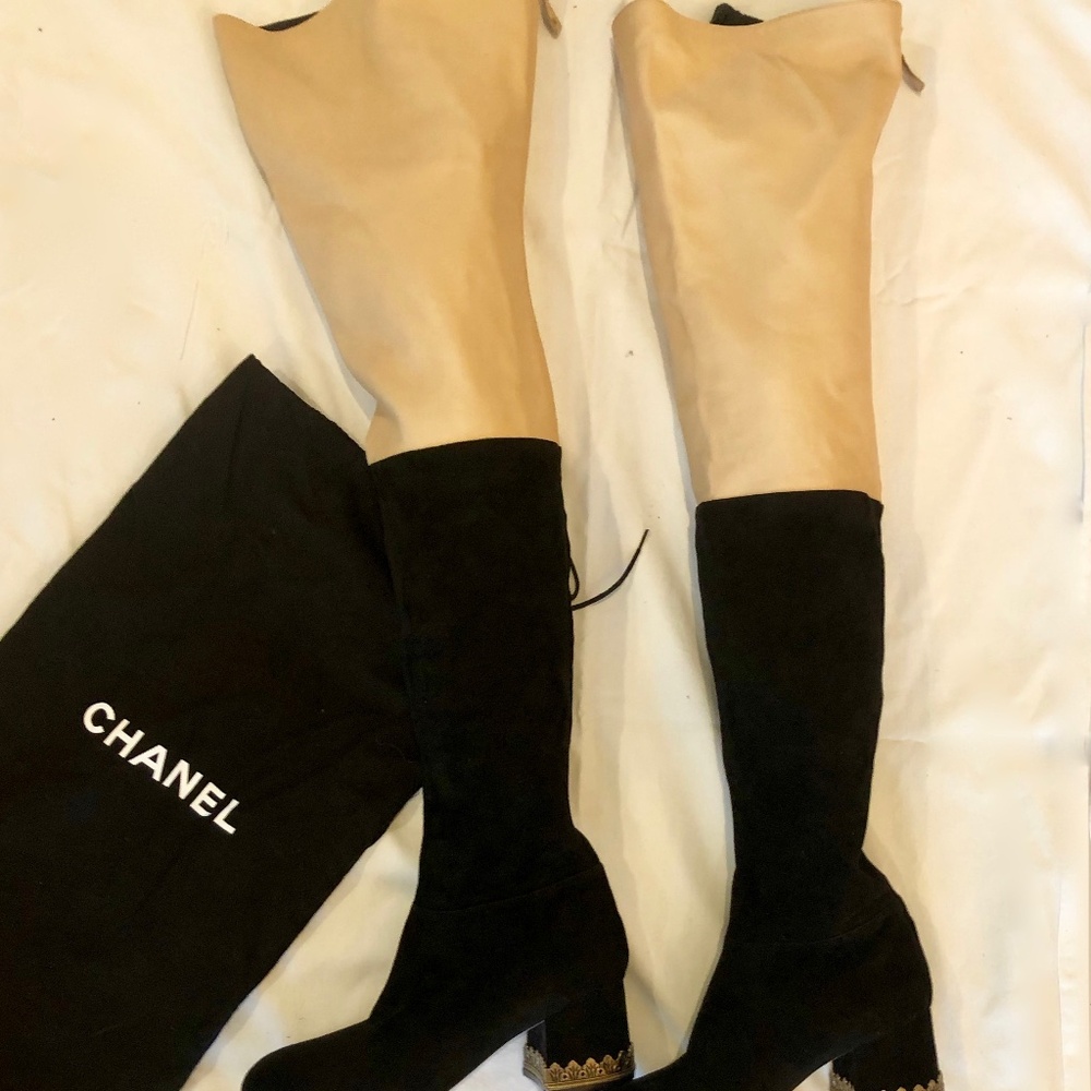 Chanel 10B Black Suede and Tan  and kit leather ove the knee boots